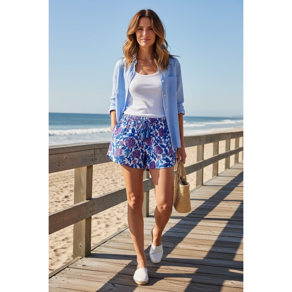 Vineyard Vines Shorts Women Blue Pink Hydrangea Floral Cotton Tassel Size Small